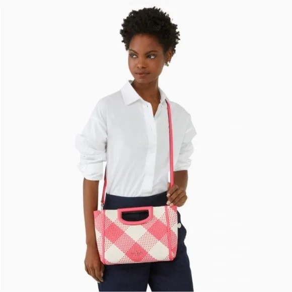 KATE SPADE Pink & White Plaid Gingham Alexia Woven Clutch Crossbody Bag